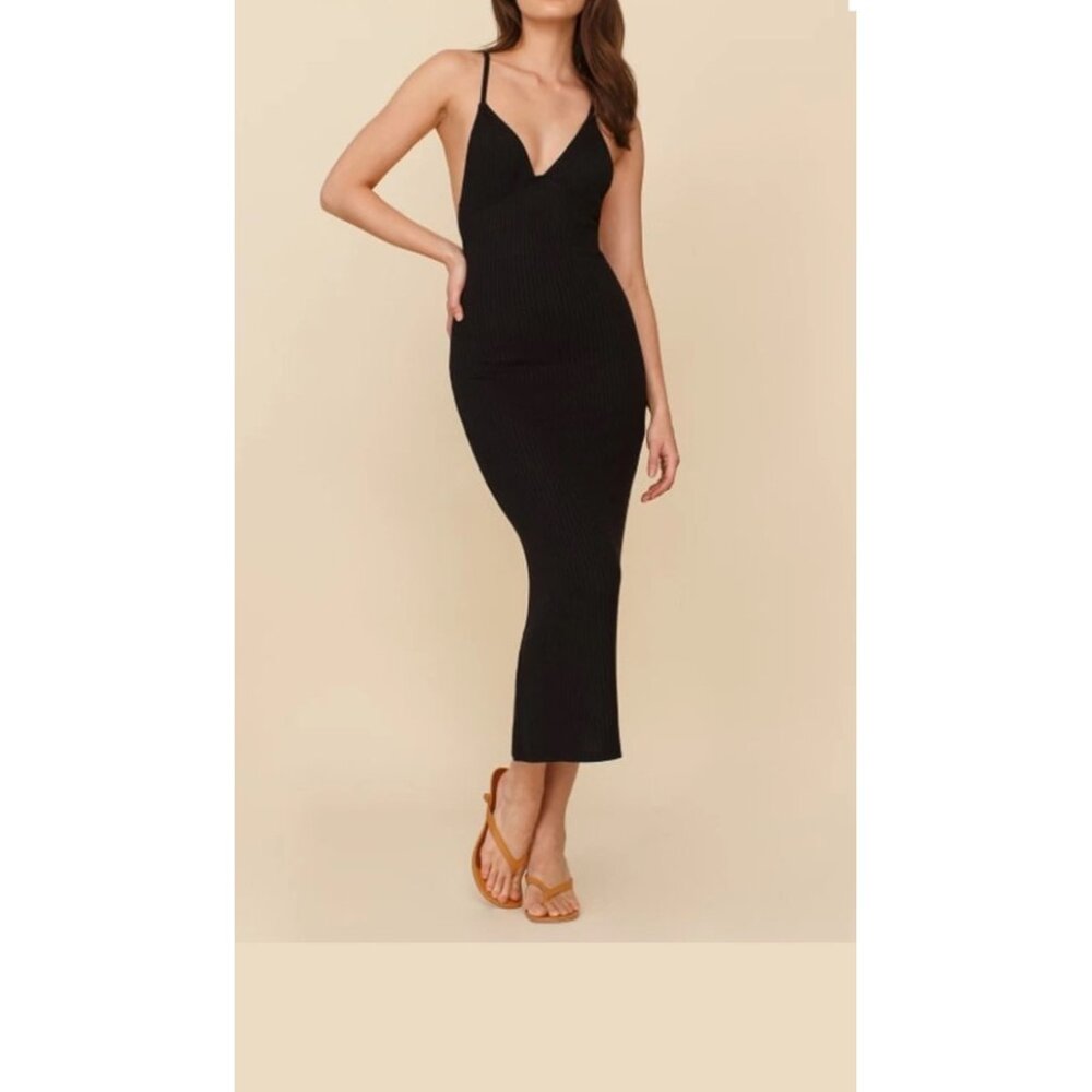 Reformation Brant Dress ribbed bodycon midi 90s black sz L